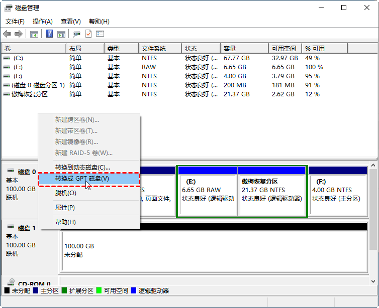 在磁盘管理中转换成GPT磁盘