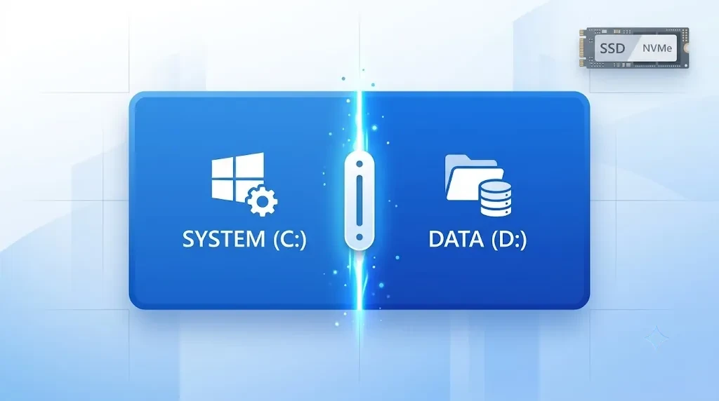 windows11只有一个c盘：把C盘拆分成系统盘与数据盘D的分区示意