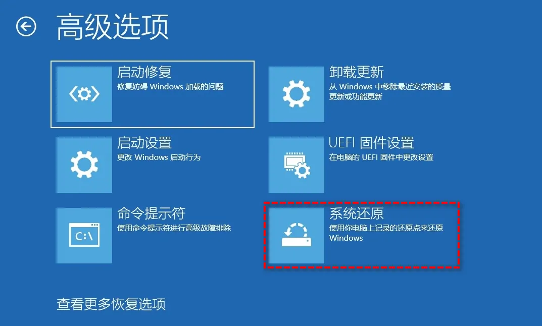 在WinRE高级选项窗口中选择系统还原或卸载更新
