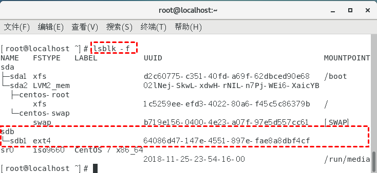 查看/dev/sdb1是否格式化为ext4类型