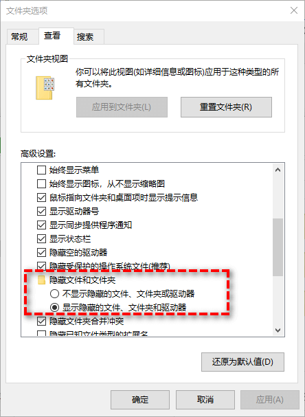 在文件资源管理器中恢复隐藏文件
