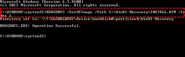 REAGENTC /SetOSImage /Path C:\Win81-Recovery\INSTALL.WIM /Index 1