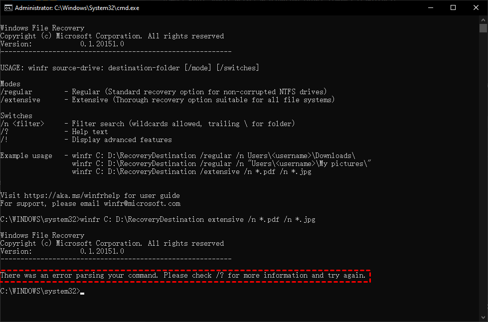 Windows File Recovery命令出错