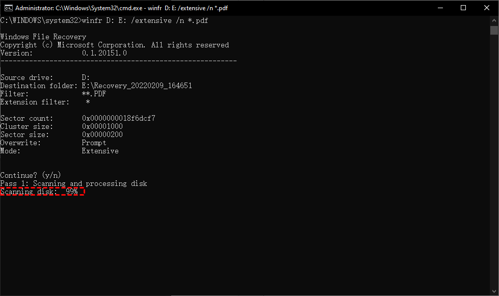 Windows File Recovery卡在99%