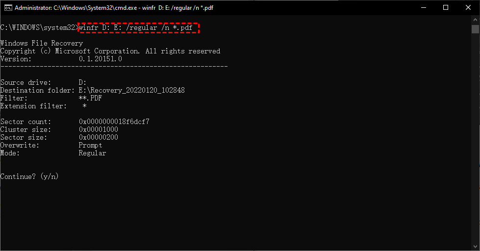 winfr D: E: /regular /n *.pdf