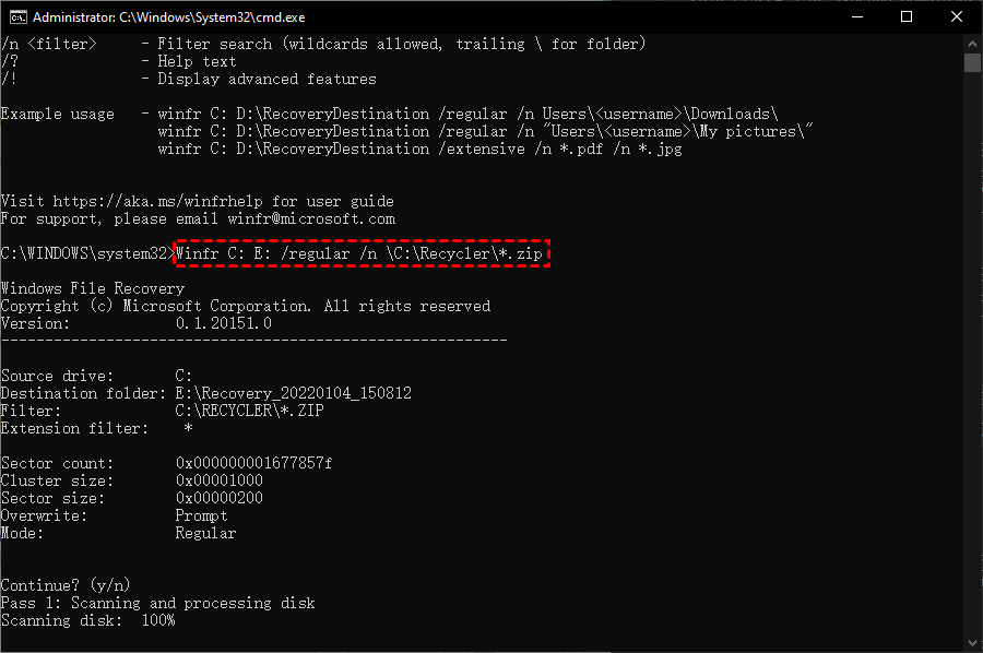 winfr C: E: /regular /n \C:\Recycler\*.zip