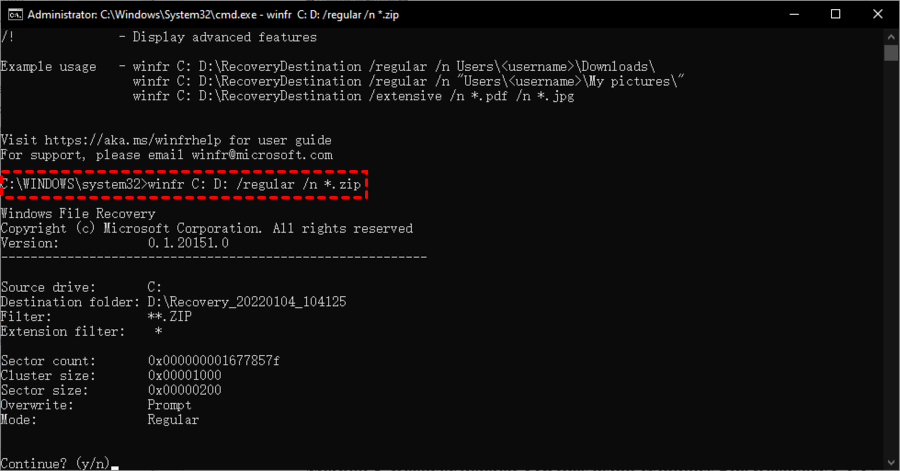 winfr C:E:\Recovery /x /y:ZIP