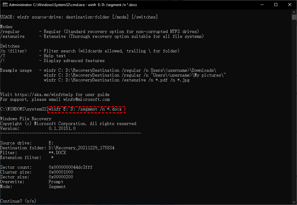winfr E: D: /segment /n *.docx